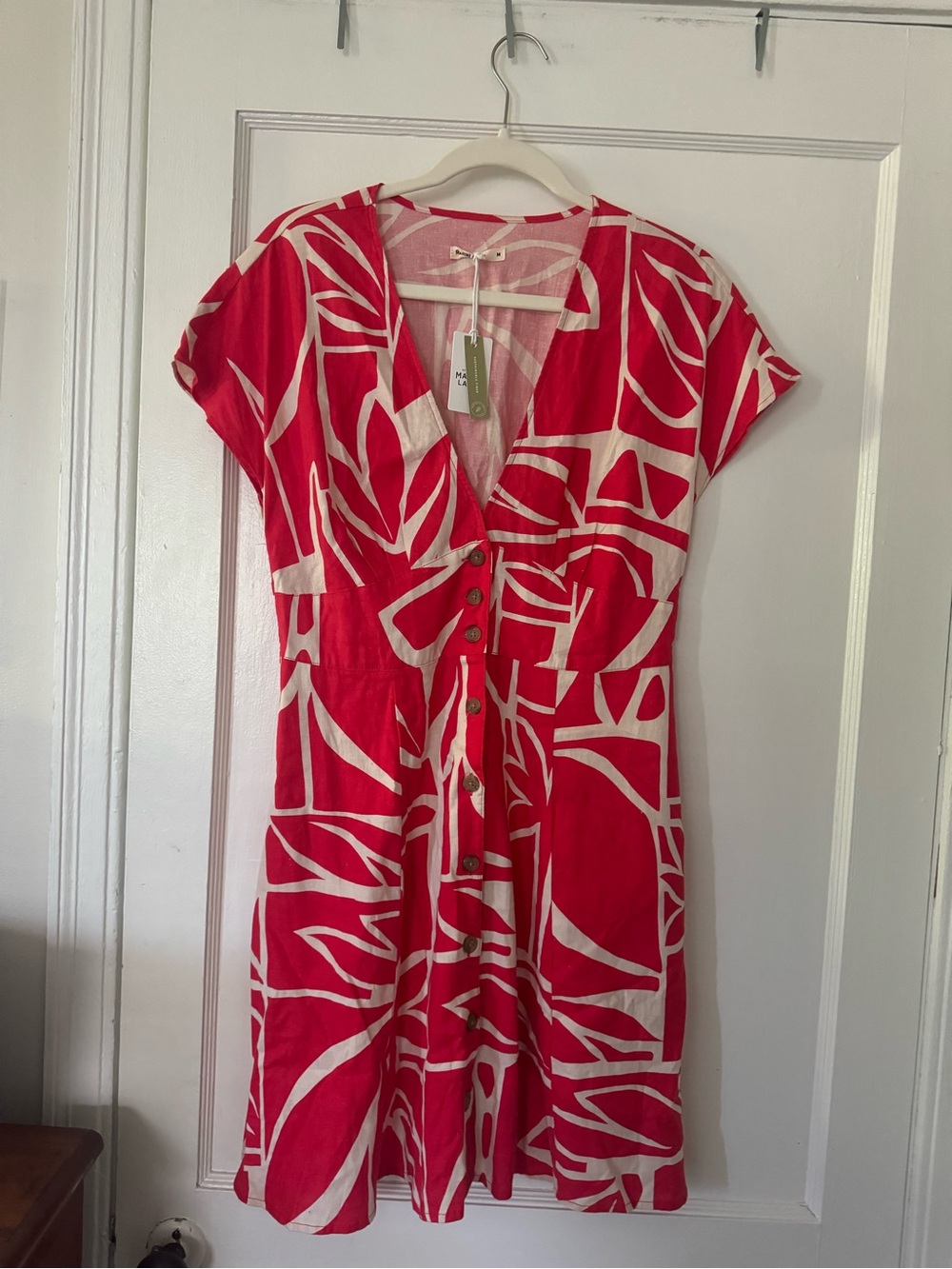 Marine Layer Red & White V-Neck Button-Front Midi Dress